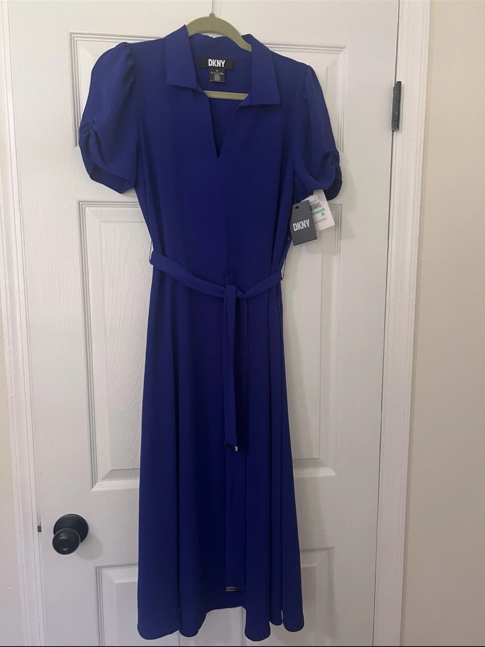 DKNY Women’s Cobalt Blue Belted Midi Dress V-Notch Collar Short Sleeve 8 NWT